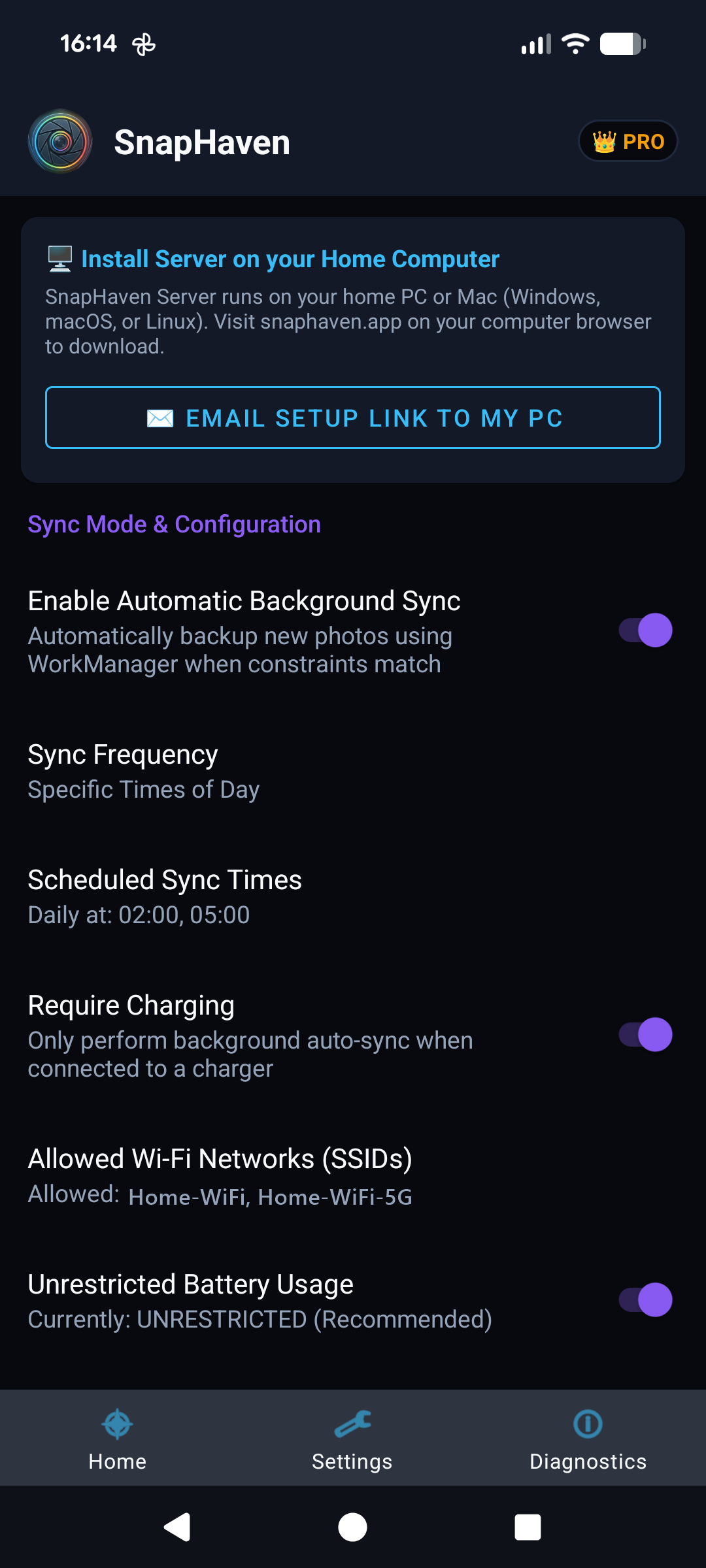 SnapHaven Android Settings Screen